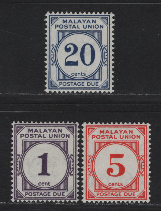 Lot 94 Malayan Postal Union (C) SG#D7, D9, D13 1c - 20c Purple - Blue , 1945-1949 Postage Dues, 3 VFNH Singles, Perf 15x14, Script CA Wmk