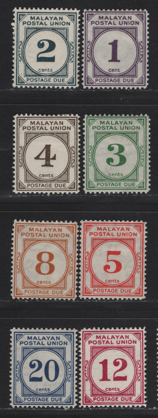 Lot 95 Malayan Postal Union (C) SG#D14-D21 1c - 20c Violet - Blue , 1951-1963 Postage Dues, 8 F/VFOG Singles, Perf 14, Script CA Wmk, 5c Has A Shallow Hinge Thin.