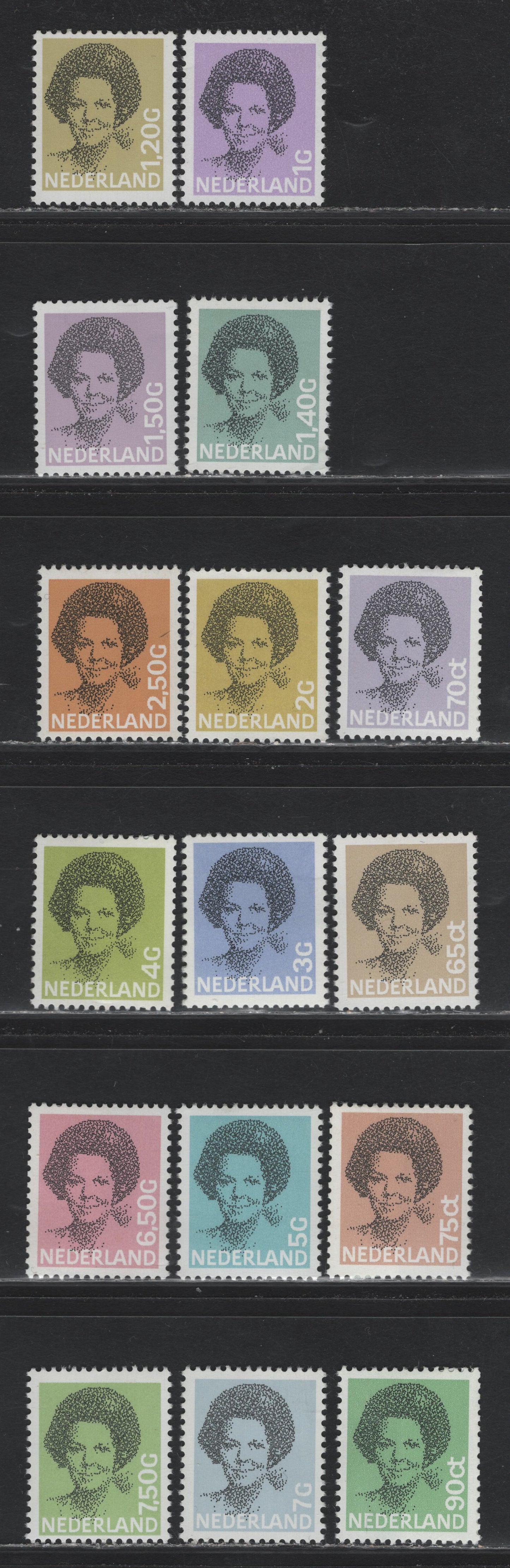 Lot 100 Netherlands SC#620-631, 685/694 65c - 7.5g Tan - Light Green & Black , 1981-1990 Queen Beatrix Issue, 12 F/VFNH Singles