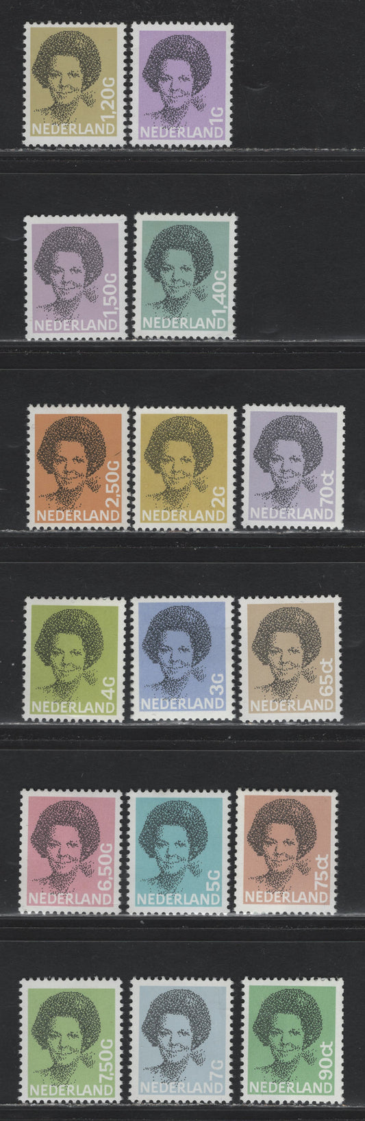 Lot 100 Netherlands SC#620-631, 685/694 65c - 7.5g Tan - Light Green & Black , 1981-1990 Queen Beatrix Issue, 12 F/VFNH Singles