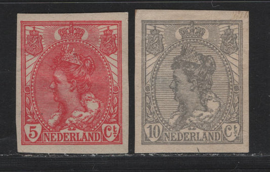 Lot 10 Netherlands SC#111-112 5c - 10c Carmine Rose - Gray Queen Wilhelmina, 1922 Queen Wilhelmina Redrawn Issue, 2 VG/VFOG Imperf Singles, Moderate Thin On 10c