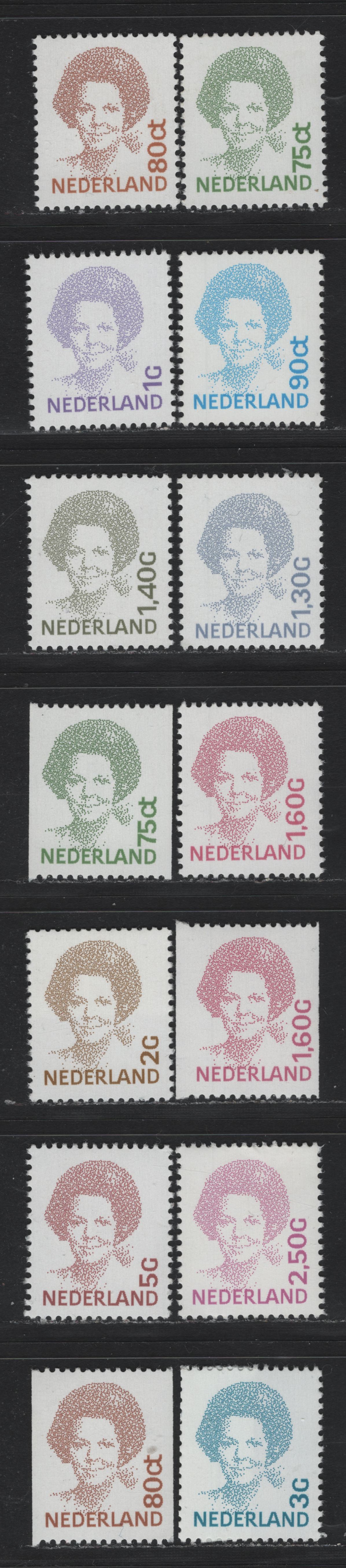 Lot 103 Netherlands SC#773-774A, 775-781, 787, 789-790 75c - 5f Green - Brown Red , 1991-1994 Queen Beatrix Issue, 13 VFNH Sheet Stamps & Coils