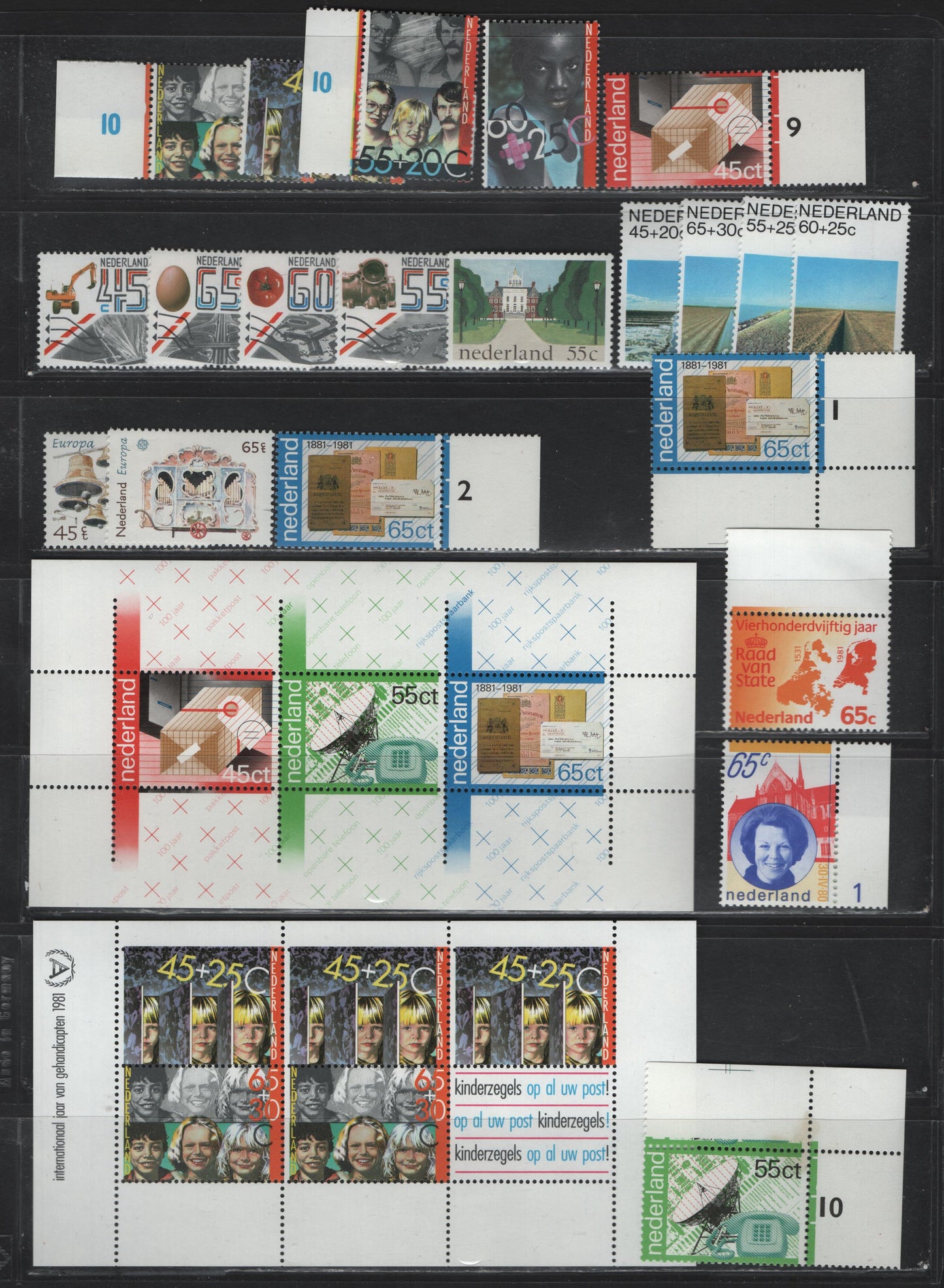 Lot 105 Netherlands SC#608-619, 611a, B569-B576a, 1981 Commemorative & Semi Postal Issues, 23 VFNH Singles & Souvenir Sheets, Complete Year Set, #608 65c Queen Beatrik Is Perf 12.75x13.25