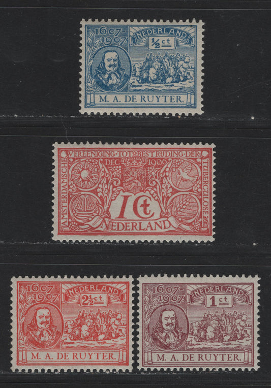 Lot 11 Netherlands SC#87-89, Ba 1/2c - 2.5c Blue - Vermillion , 1906-1907 Semi Postal - De Ruyler Issues, 4 F/VFOG Singles