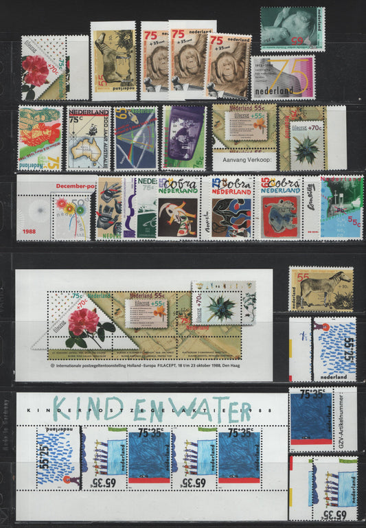 Lot 112 Netherlands SC#728-739, B635-B643a, 1988 Commemorative & Semi Postal Issues, 27 VFNH Singles & Souvenir Sheets, Complete Year Set, Includes Booklet Singles