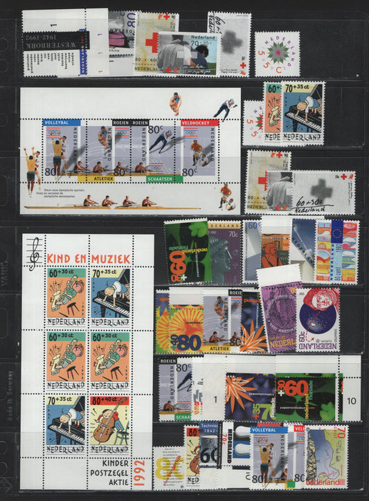 Lot 117 Netherlands SC#804-820, B662-B664a, B665-B667a, B688-B670, B670b, 1992 Commemorative & Semi Postal Issues, 37 VFNH Singles & Souvenir Sheets, Complete Year Set, Includes Both Lithographed Sheet Stamps & Photogravure Booklet Singles