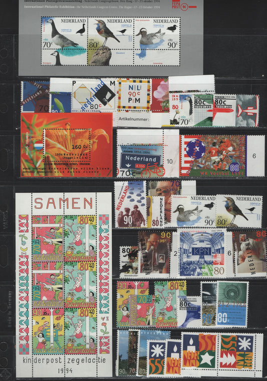Lot 119 Netherlands SC#850-872a, B677-B685a, 1994 Commemorative & Semi Postal Issues, 33 VFNH Singles & Se-Tenant Pairs, Complete Year Set