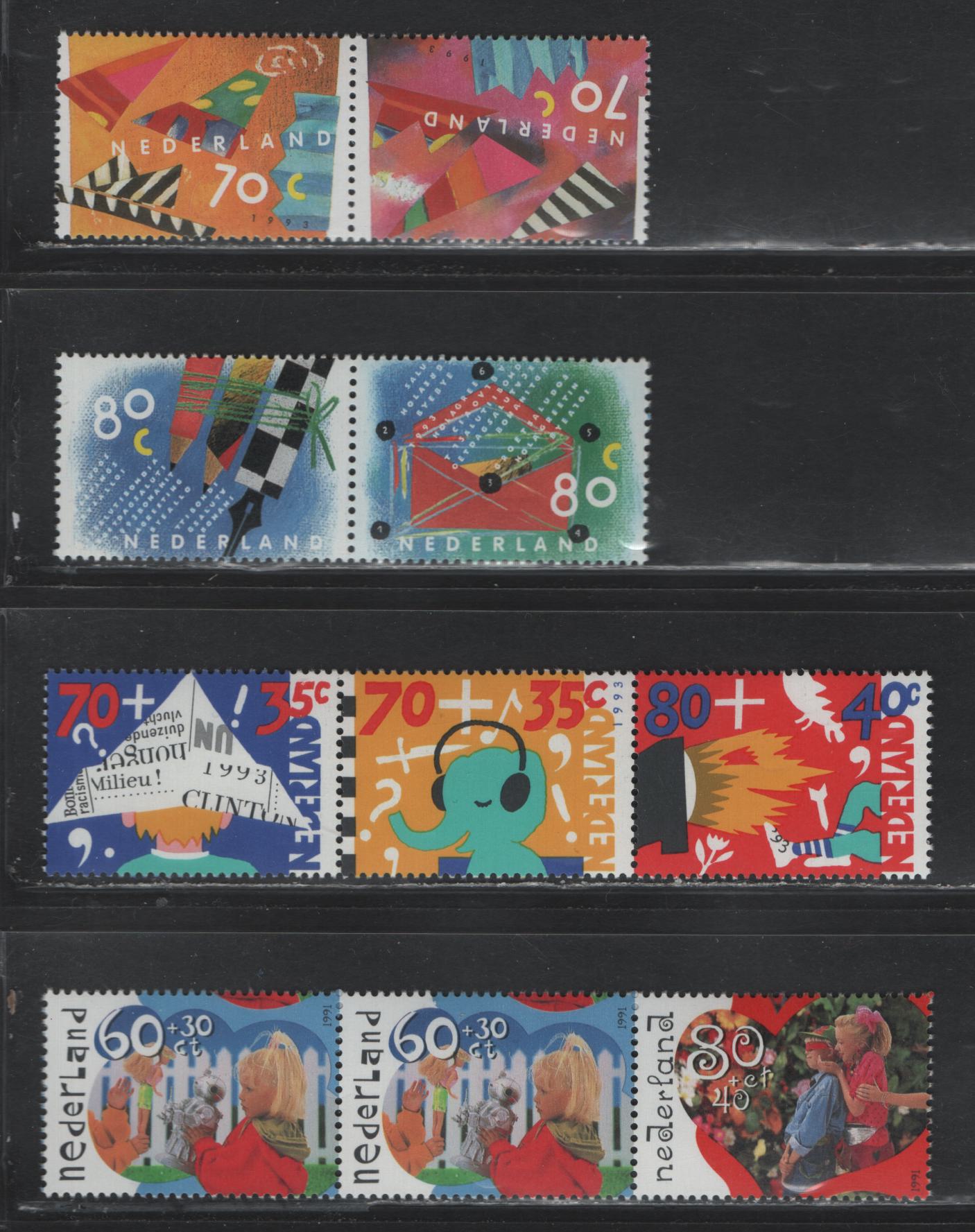 Lot 120 Netherlands SC#824a, 845a, B659, B661, B674a-B676a, 1991-1993 Children Playing - Children & Media Semi Postal Issues, 4 VFNH Singles, Se-Tenant Pairs & Strips Of 3, Photogravure Strip Rather Than Lithographed