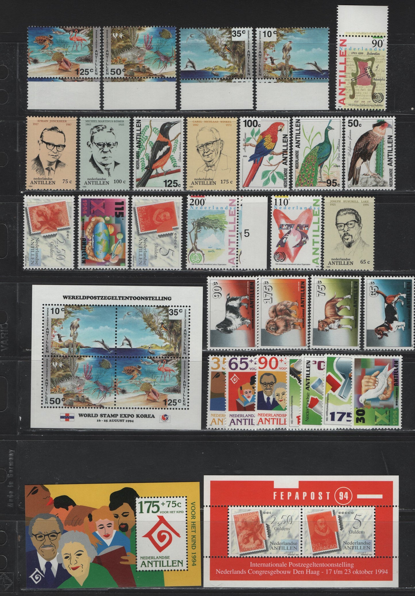 Lot 135 Netherland Antilles SC#709-734, 732a, 730a, B289-B301, 1994 Commemorative & Semi Postal Issues, 32 VFNH Singles & Souvenir Sheets, Complete Year Set
