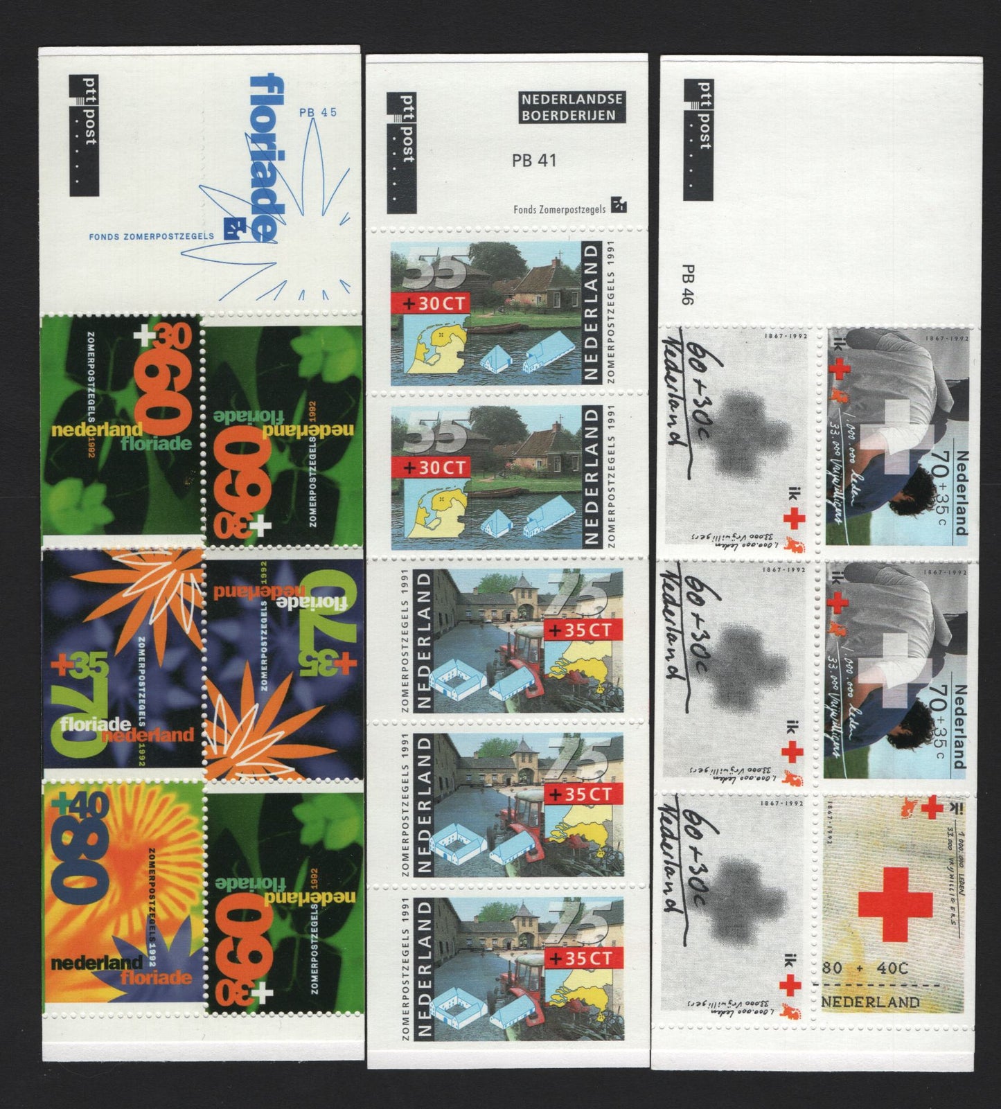 Lot 141 Netherlands SC#B658b, B664b, B667b 60c+30c - 40c+80c Multicolored , 1991-1992 Social & Cultural Organizations - 125th Anniv of Red Cross Semi Postals, 3 VFNH Complete Booklets