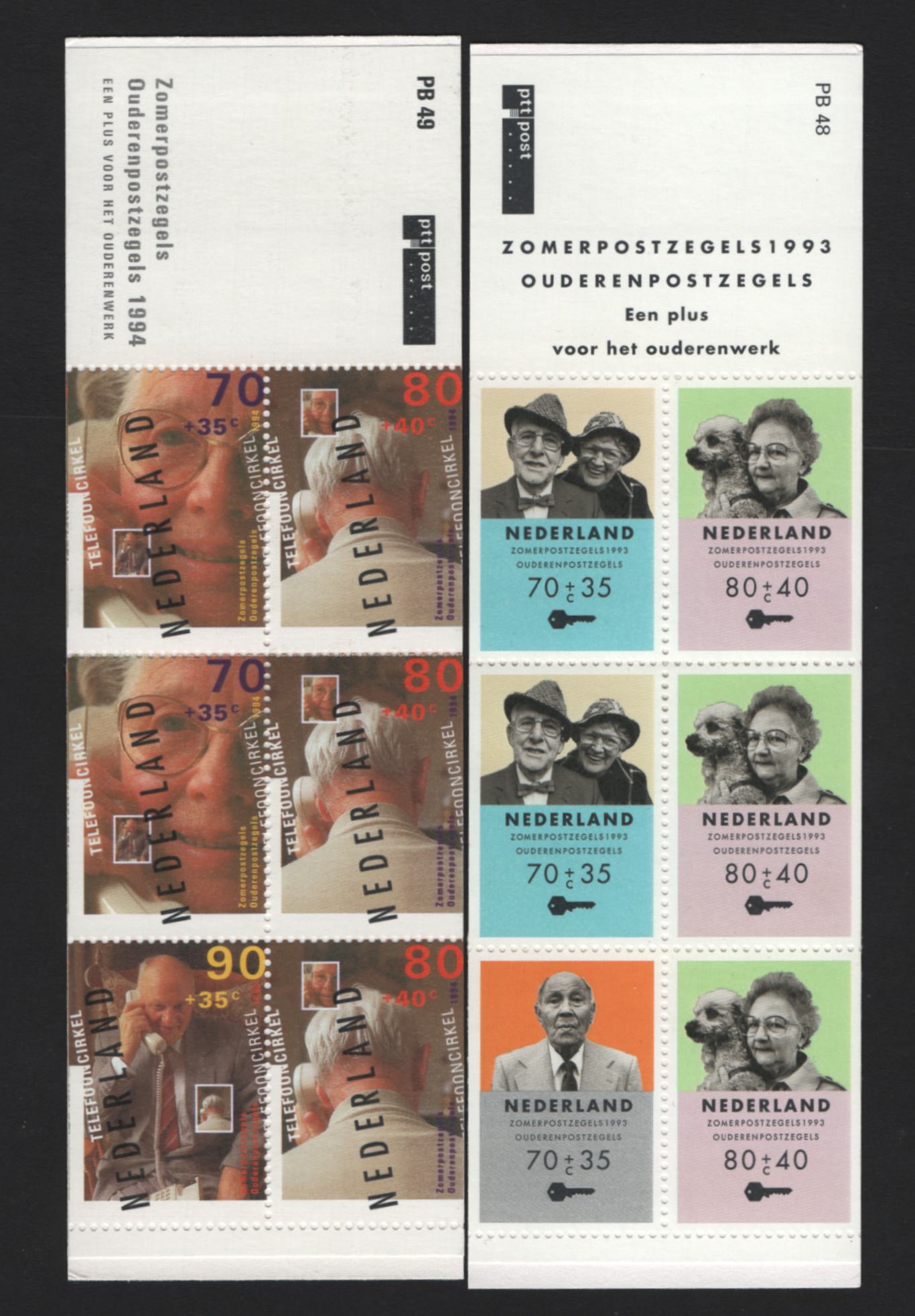 Lot 142 Netherlands SC#B673b, B682b 70c+35c - 90c+35c Multicolored , 1993-1994 Senior Citizen Issues, 2 VFNH Complete Booklets