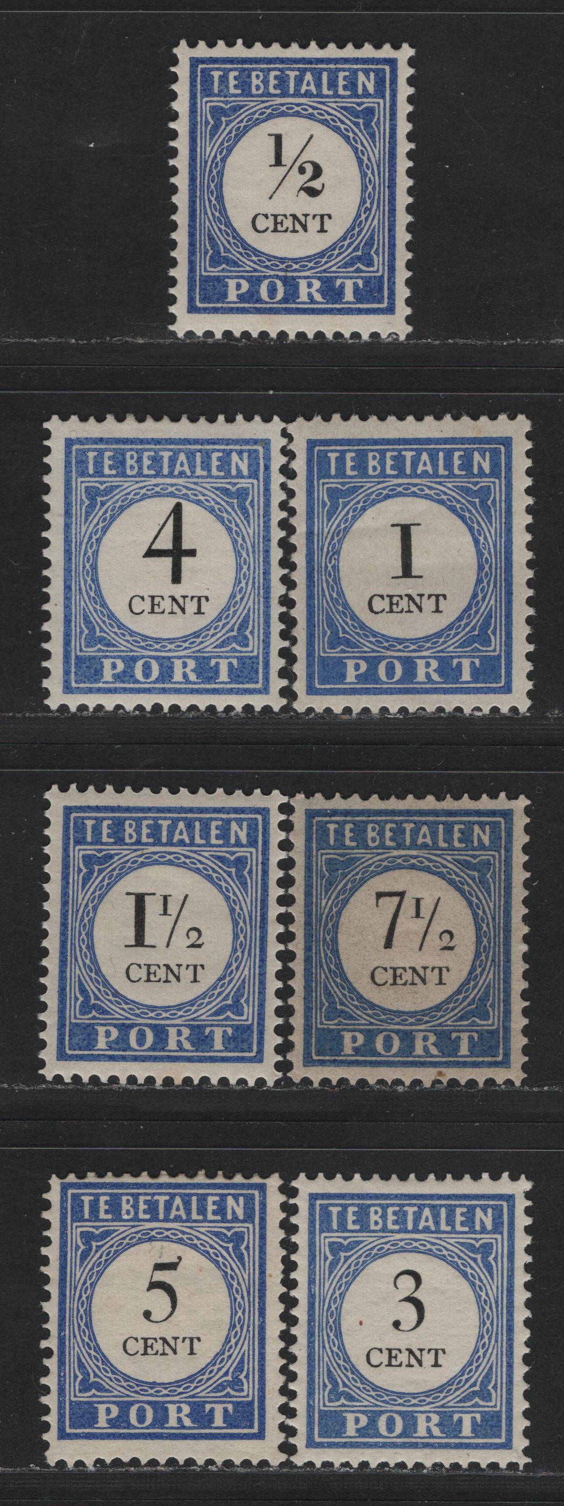 Lot 145 Netherlands SC#J13-J21 1/2c - 7.5c Dark Blue & Black , 1896-1910 Postage Dues, 7 F/VFOG Singles, All Type I, Perf 12.5