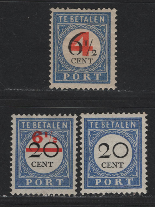 Lot 146 Netherlands SC#J28, J24, J42 20c - 4c on 6.5c Dark Blue & Black , 1896-1909 Postage Dues & Surcharges, 3 F/VFOG Singles, All Type I