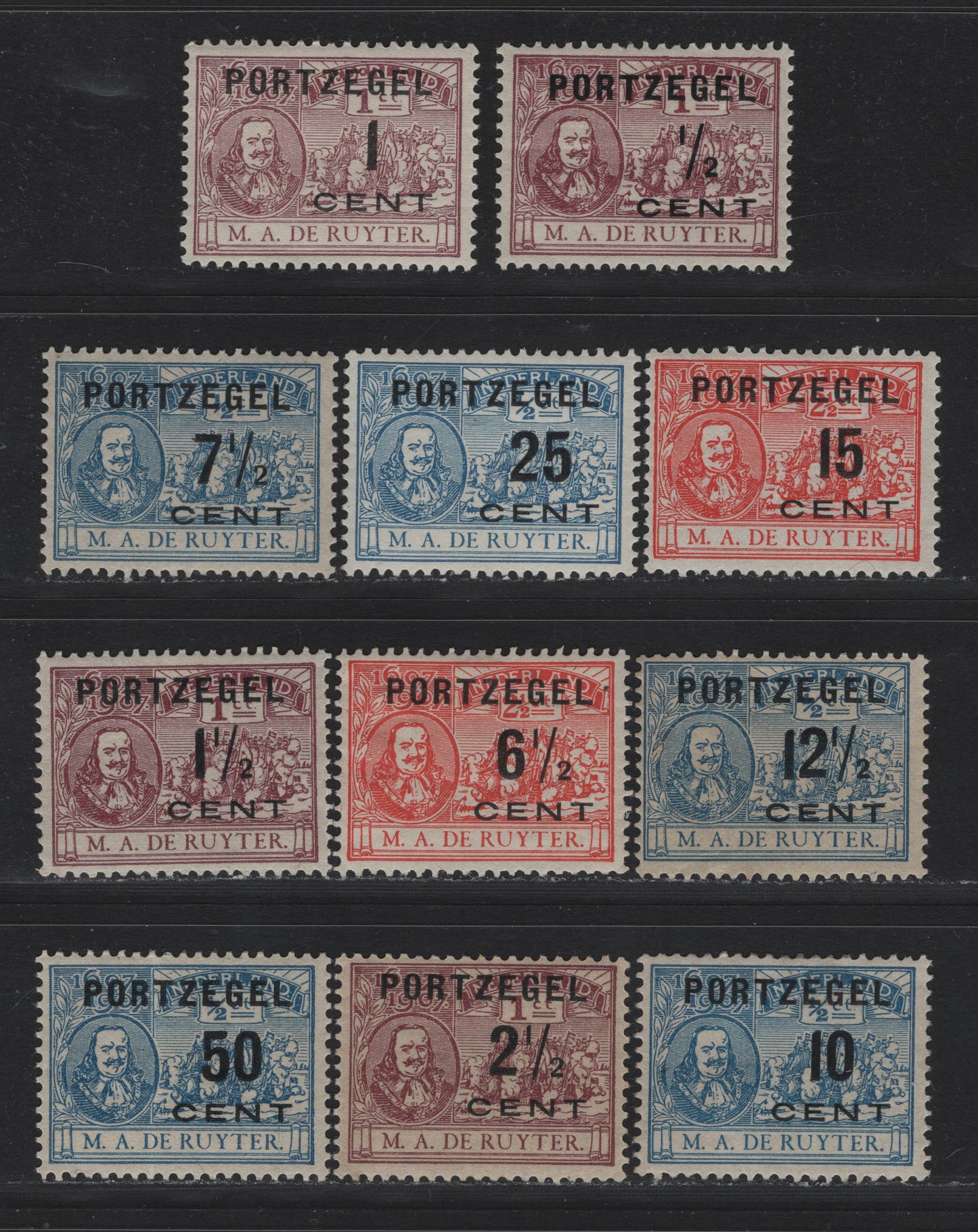 Lot 147 Netherlands SC#J29-J32, J34-J40 1/2c on 1c - 50c on 1/2c Claret - Blue , 1907 Postage Due Overprints, 11 VG/F/VGOG Singles, 2.5c on 1c & 50c ib 1/2c Have Creases, But All Others Are Sound