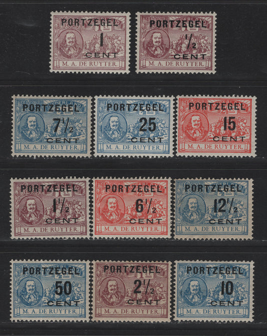 Lot 147 Netherlands SC#J29-J32, J34-J40 1/2c on 1c - 50c on 1/2c Claret - Blue , 1907 Postage Due Overprints, 11 VG/F/VGOG Singles, 2.5c on 1c & 50c ib 1/2c Have Creases, But All Others Are Sound