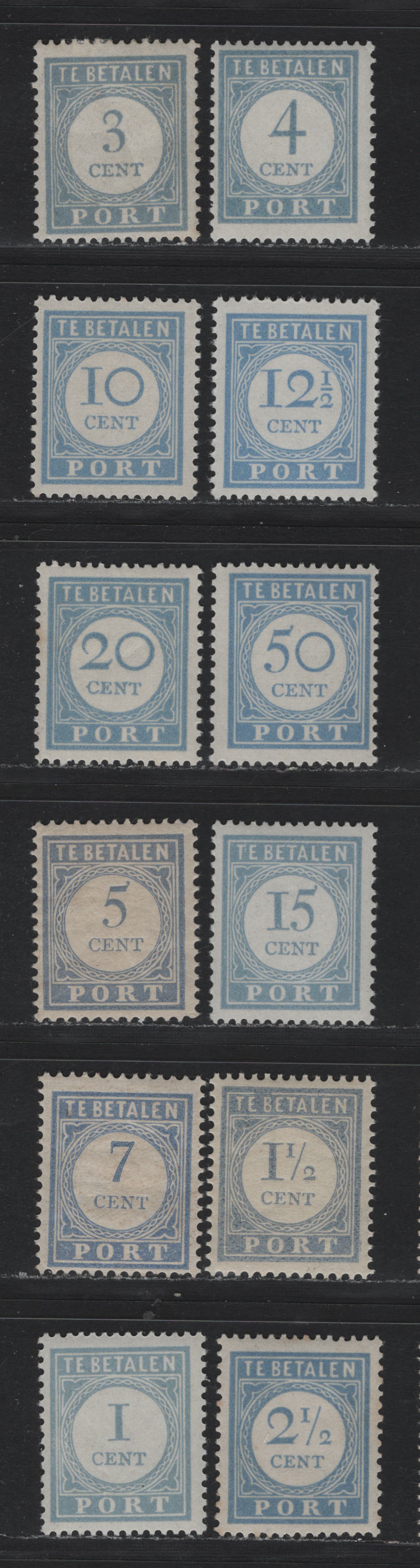 Lot 148 Netherlands SC#J45/J60 (Michel# 46AII, 50A, 58Ab, 45E/60E) 1c - 50c Pale Ultramarine , 1912-1921 Postage Dues, 12 F/VFOG Singles, Perfs 12.5 & 13.5x12.75, 1.5c & 12.5c are Type II