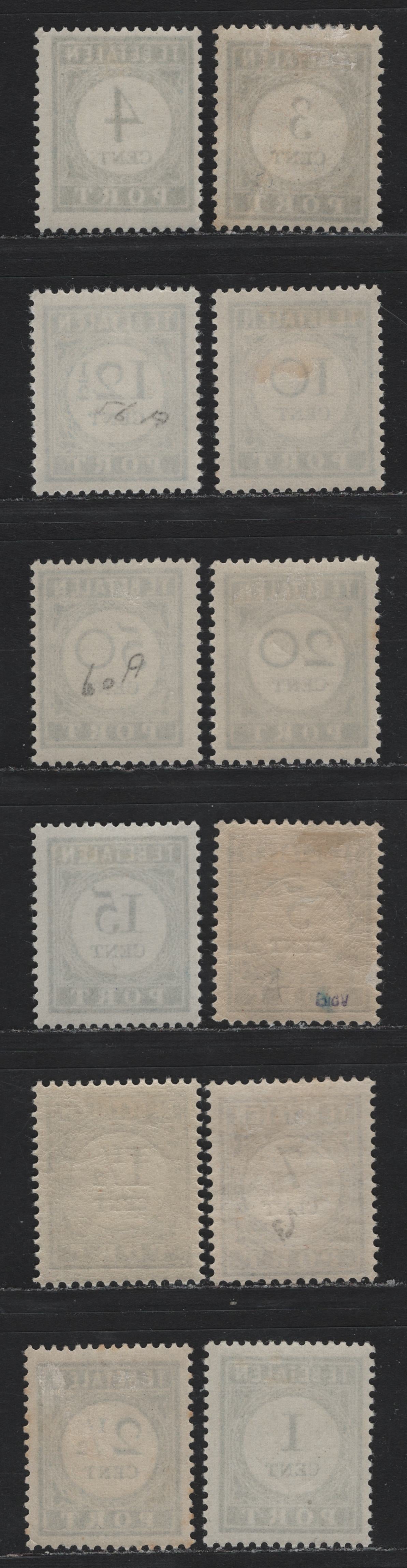 Lot 148 Netherlands SC#J45/J60 (Michel# 46AII, 50A, 58Ab, 45E/60E) 1c - 50c Pale Ultramarine , 1912-1921 Postage Dues, 12 F/VFOG Singles, Perfs 12.5 & 13.5x12.75, 1.5c & 12.5c are Type II