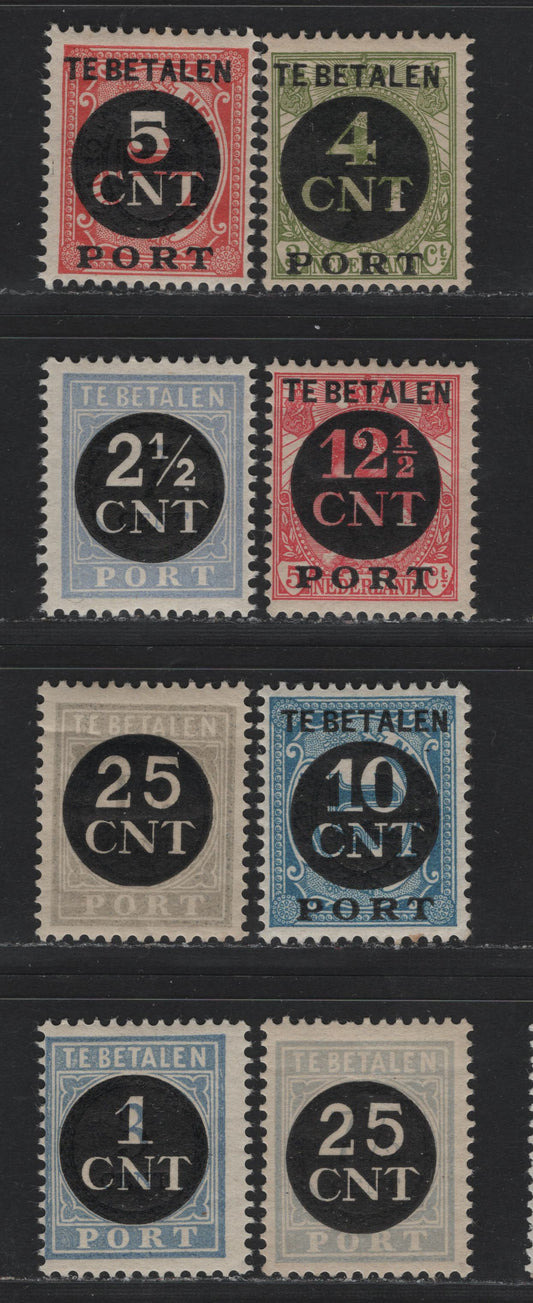 Lot 149 Netherlands SC#J72-J79 1c on 3c - 12.5c on 5c Ultramarine - Carmine , 1923 Postage Dues, 8 VG/F/VFOG Singles, Small Hinge Thin On J75