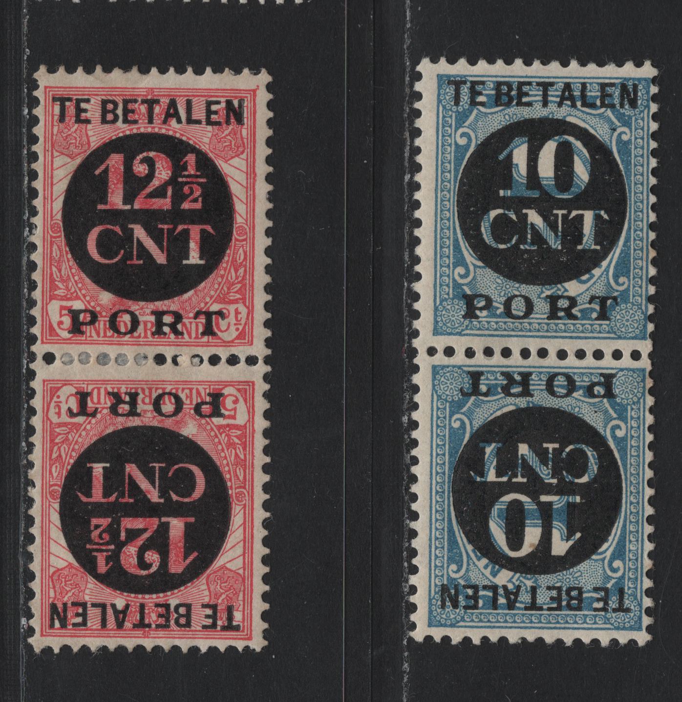 Lot 151 Netherlands SC#J78a-J79a 10c on 1.5c - 12.5c on 5c Blue - Carmine , 1924 Surcharged Postage Dues, 2 FOG Tete-Beche Pairs