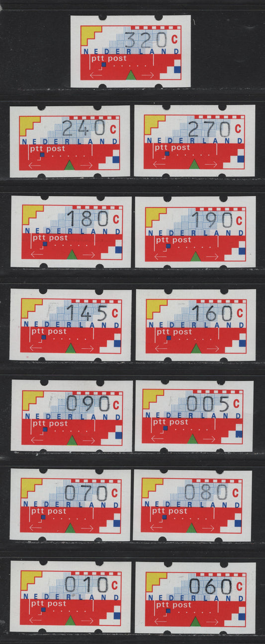 Lot 154 Netherlands Michel#1 (Unlisted) 5c - 320c Multicolored , 1989 Frama Labels, 13 VFNH Singles, Total Face Value 18.2gld