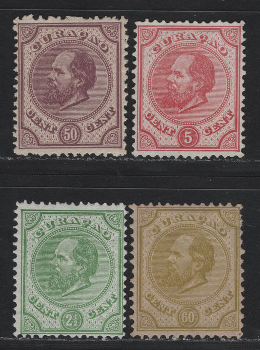 Lot 155 Netherlands Antilles SC#1, 3, 6, 11 2.5c - 60c Green - Olive Bistre , 1873-1889 King William III Sidefaces Issue, 4 Fine/Very Fine Unused Singles, Perfs 12.5x12 (60c), 13.5 (2.5c) and 13.5x13 (5c and 50c), No Gum As Issued