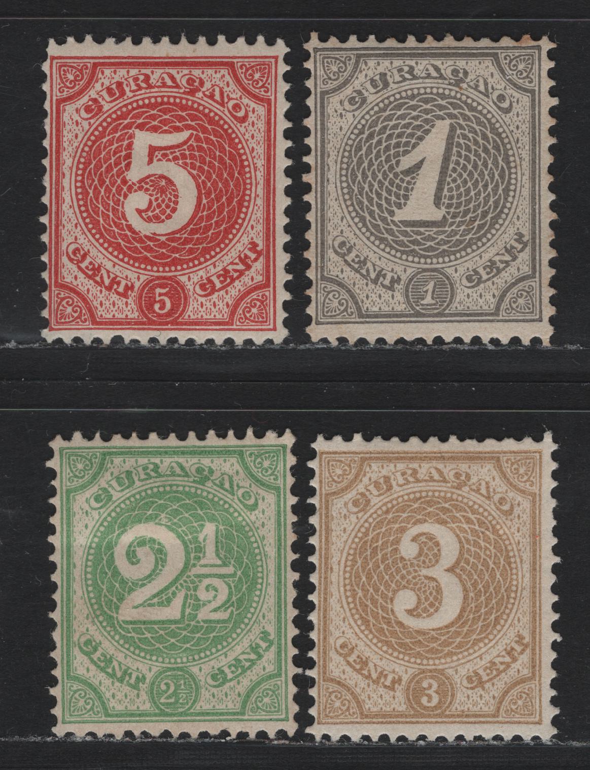 Lot 157 Netherlands Antilles SC#13, 15-17 1c - 5c Gray - Red , 1889 Numeral Issue, 4 FOG Singles, Perf 12.5, Light Internal Bend On 2.5d, Priced Without Gum In Scott.
