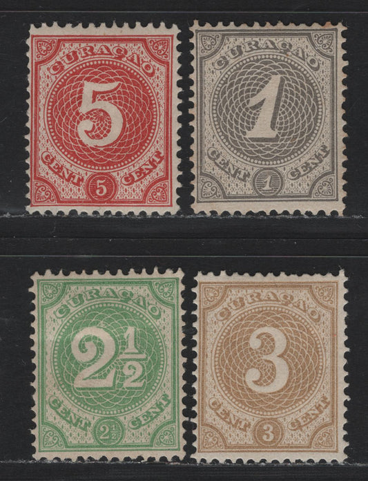 Lot 157 Netherlands Antilles SC#13, 15-17 1c - 5c Gray - Red , 1889 Numeral Issue, 4 FOG Singles, Perf 12.5, Light Internal Bend On 2.5d, Priced Without Gum In Scott.
