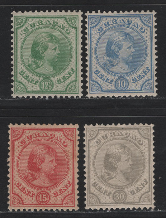Lot 158 Netherlands Antilles SC#19-21, 23 10c - 30c Ultramarine - Gray , 1892-1896 Queen Wilhelmina Sidefaces Issue, 4 F/VFOG Singles, Perf 12.5, With Gum