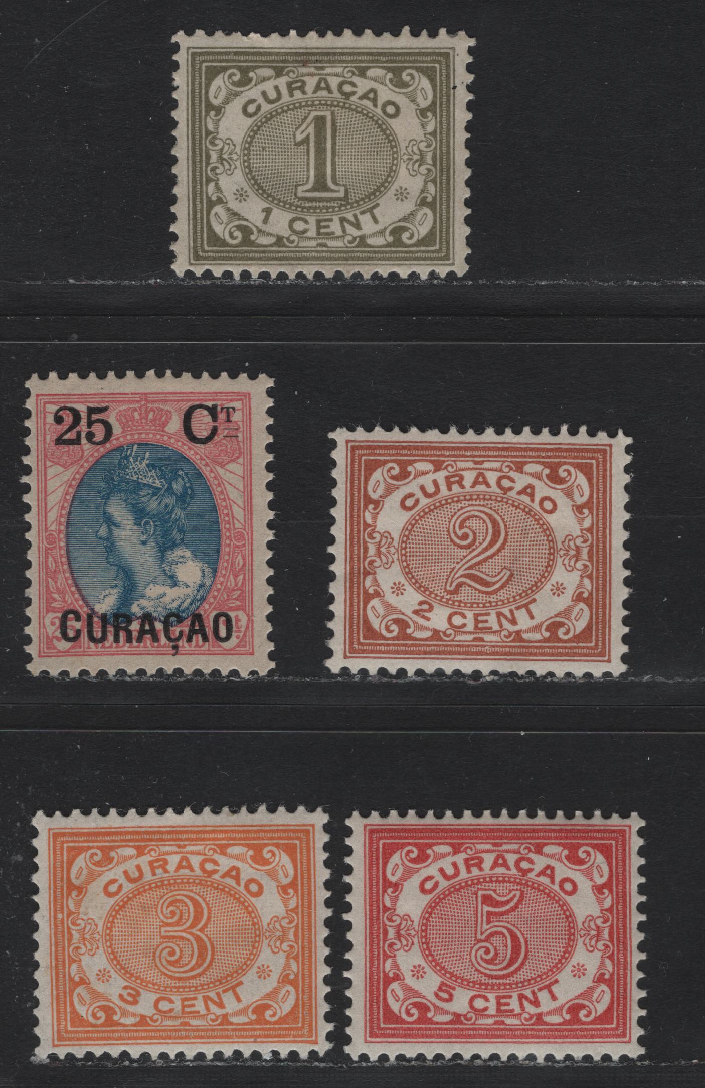Lot 160 Netherlands Antilles SC#27, 30-31, 33-34 1c - 25c on 25c Olive Green - Rose Pink & Blue , 1904-1908 Numeral & Queen Wilhelmina Issue, 5 F/VFOG Singles, Perf 12.5, All With Gum