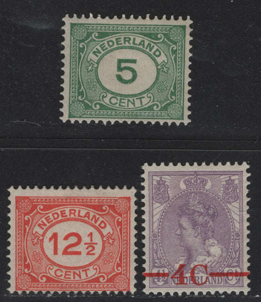 Lot 16 Netherlands SC#106-108 5c - 4c on 4.5c Green - Violet , 1921-1922 Surcharges - Redrawn Numeral Issues, 3 VG/VFOG Singles, Sans-Serif Numerals, 12.5 Has A Light Diagonal Crease