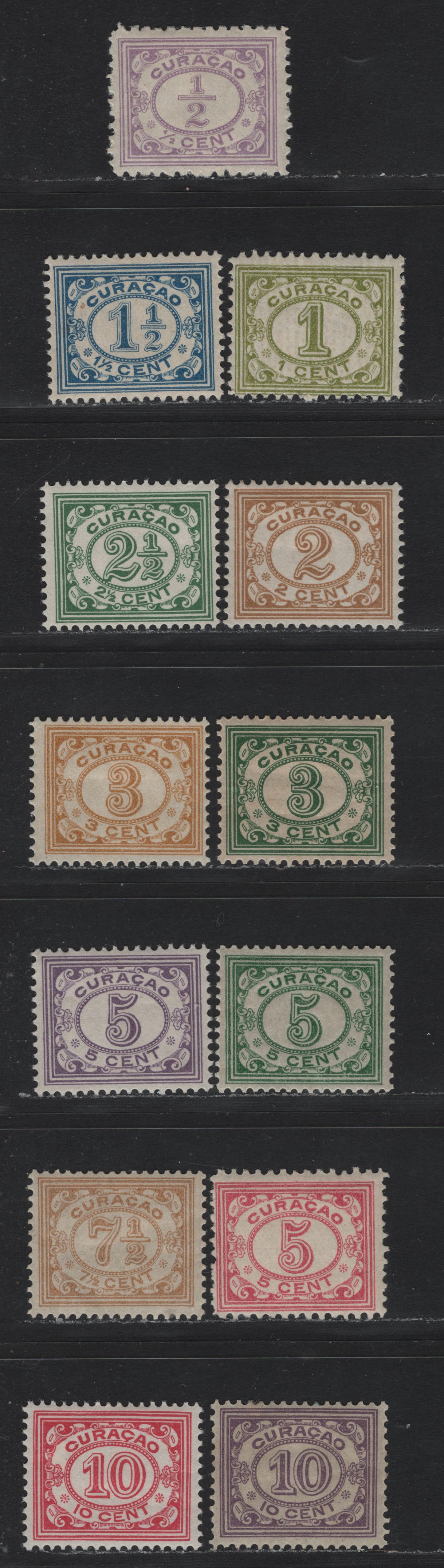 Lot 164 Netherlands Antilles SC#45-54, 56-57, 59 1/2c - 10c Lilac - Carmine Rose , 1915-1933 Numeral & Queen Wilhelmina Issue, 13 F/VFOG Singles, White Background, Perfs 11.5 & 12.5