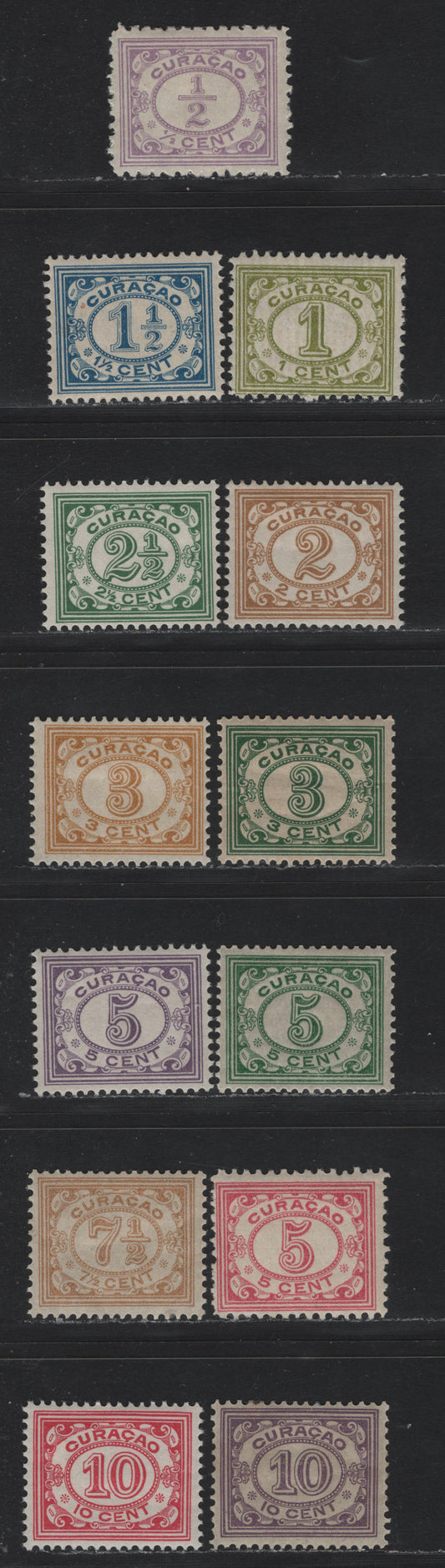 Lot 164 Netherlands Antilles SC#45-54, 56-57, 59 1/2c - 10c Lilac - Carmine Rose , 1915-1933 Numeral & Queen Wilhelmina Issue, 13 F/VFOG Singles, White Background, Perfs 11.5 & 12.5