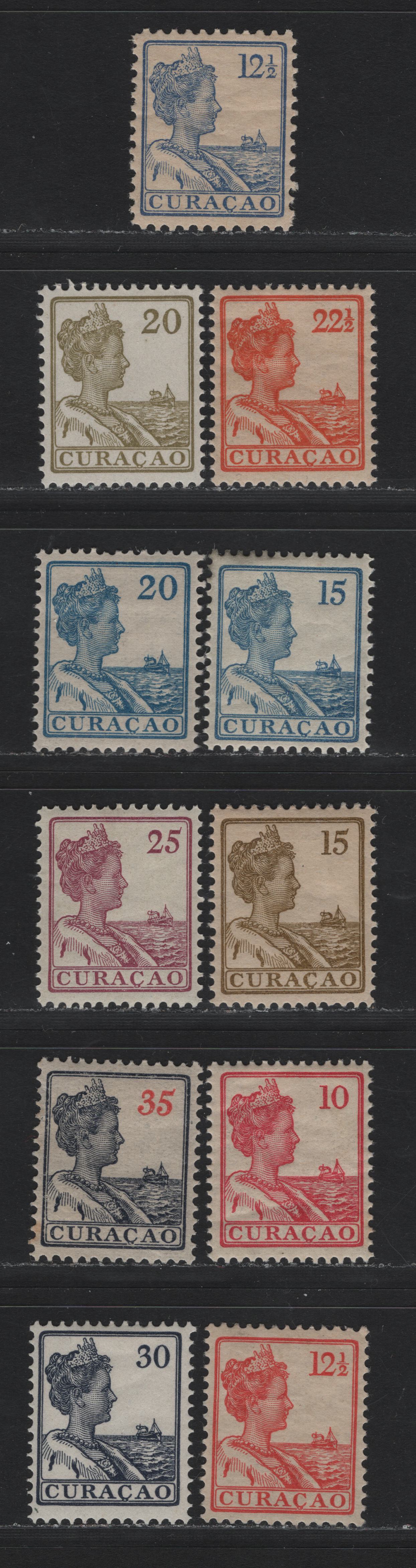 Lot 165 Netherlands Antilles SC#59-69 10c - 35c Carmine Rose - Slate & Red , 1915-1933 Numeral & Queen Wilhelmina Issue, 11 F/VFOG Singles, White Background, Perf 11 (12.5c) & 12.5 (Rest)