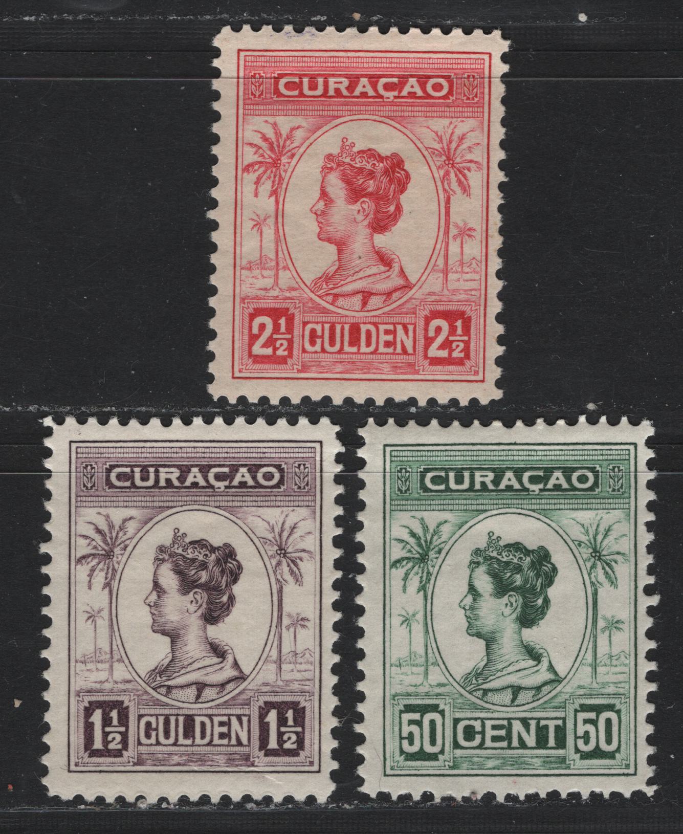 Lot 166 Netherlands Antilles SC#70-72 50c - 2.5g Green - Carmine , 1915-1933 Numeral & Queen Wilhelmina Issue, 3 F/VFOG Singles, Perf 11.5 (50c, 1.5g) & 11.5x11 (2.5g)
