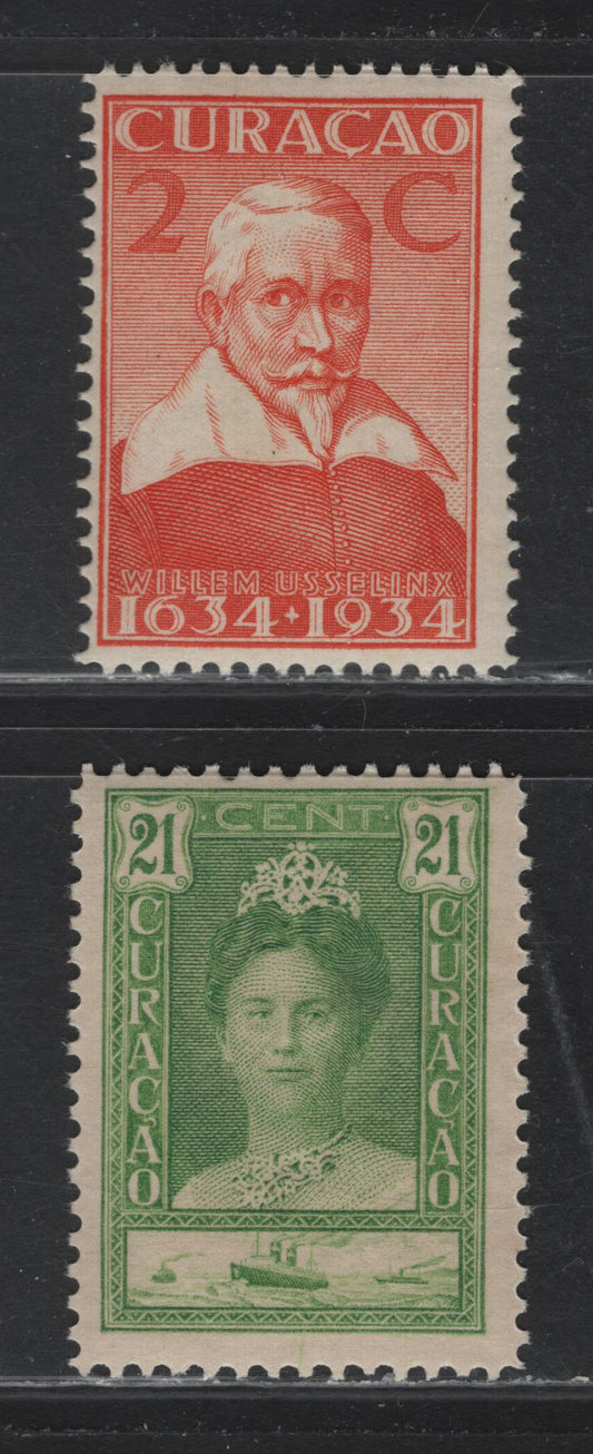 Lot 170 Netherlands Antilles SC#101, 112 21c - 2c Yellow Green - Orange , 1928-1930 Queen Wilhelmina & Ship - 3rd Centenary of Founding of the Colony Issues, 2 FNH Singles
