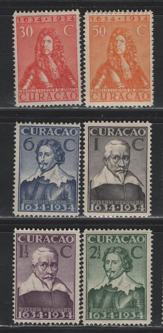 Lot 172 Netherlands Antilles SC#110-111, 113, 115, 120, 123-124 1c- 50c Black - Orange Yellow , 1934 3rd Centenary of Founding of the Colony Issue, 7 F/VFOG Singles