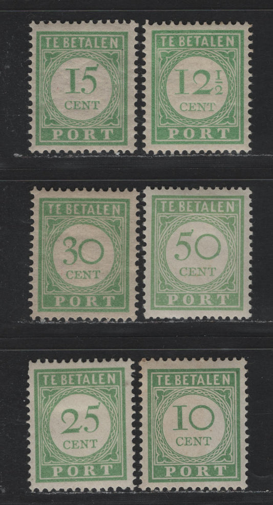 Lot 189 Netherlands Antilles SC#J23/J30 10c - 50c Green , 1915 Postage Dues, 6 VFOG Singles, All Perf 12.5 Except the 50c, Which Is 13.5x12.5