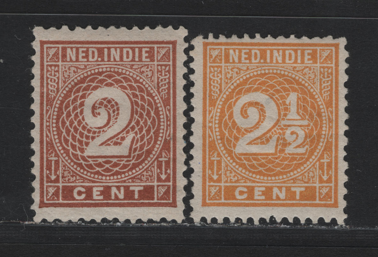 Lot 193 Netherlands Indies SC#18a, 19a 2.5c - 2c Orange Yellow - Brown , 1883-1890 Numeral Issue, 2 F/VFOG Singles, Perf 12.5x12