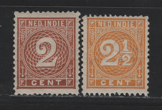 Lot 193 Netherlands Indies SC#18a, 19a 2.5c - 2c Orange Yellow - Brown , 1883-1890 Numeral Issue, 2 F/VFOG Singles, Perf 12.5x12
