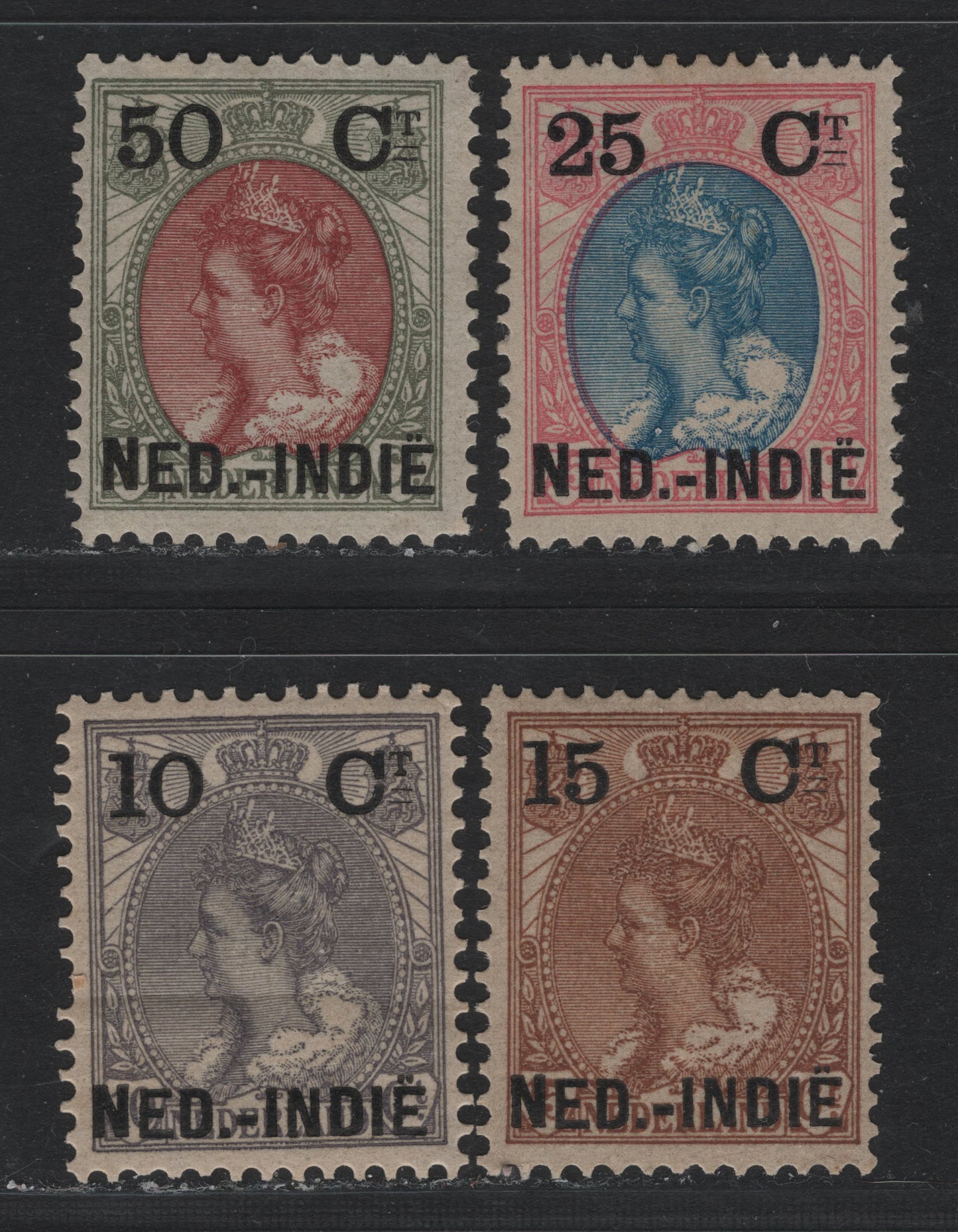 Lot 195 Netherlands Indies SC#31, 33, 35-36 10c on 10c - 50c on 50c Gray Lilac - Bronze Green & Red Brown , 1900 Overprinted Wilhelmina Issue, 4 VG/F/VFOG Singles, Crease On 10c