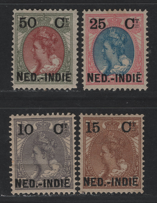 Lot 195 Netherlands Indies SC#31, 33, 35-36 10c on 10c - 50c on 50c Gray Lilac - Bronze Green & Red Brown , 1900 Overprinted Wilhelmina Issue, 4 VG/F/VFOG Singles, Crease On 10c