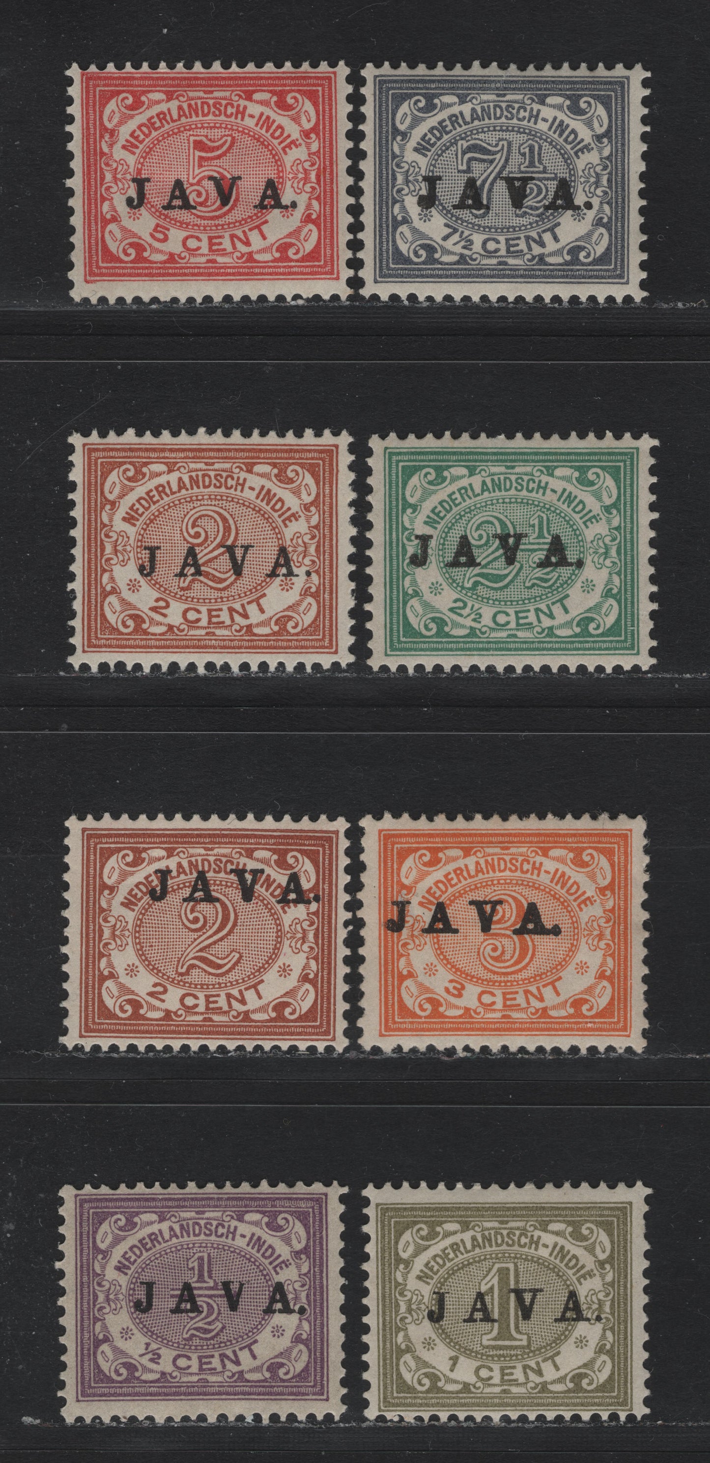 Lot 196 Netherlands Indies SC#81-88 1/2c - 10c Violet - Slate , 1909 Java Overprint, 8 F/VFOG/NH Singles, Very Small Hinge Thins On 2c on 3c, 7.5c is NH