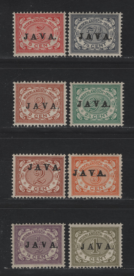 Lot 196 Netherlands Indies SC#81-88 1/2c - 10c Violet - Slate , 1909 Java Overprint, 8 F/VFOG/NH Singles, Very Small Hinge Thins On 2c on 3c, 7.5c is NH