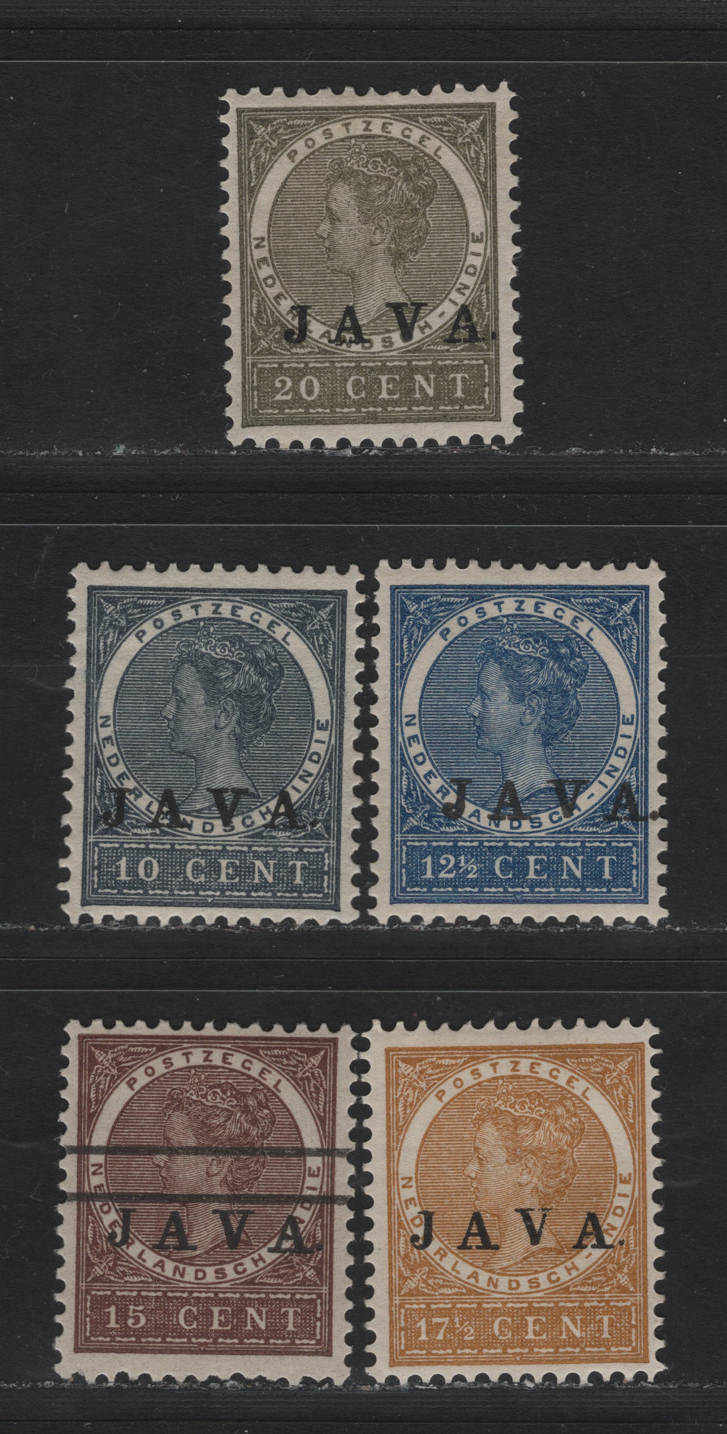 Lot 197 Netherlands Indies SC#88-92 10c - 20c Slate - Olive Green , 1908 Java Overprint, 4 F/VFOG Singles