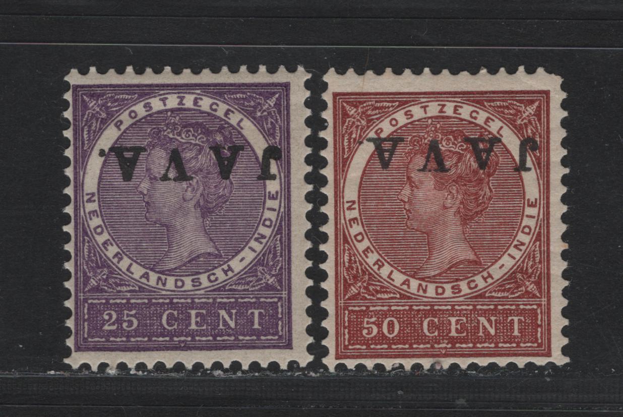 Lot 201 Netherlands Indies SC#94a, 96a 25c - 50c Violet - Red Brown , 1908 Inverted Java Overprinted Issue, 2 FOG Singles