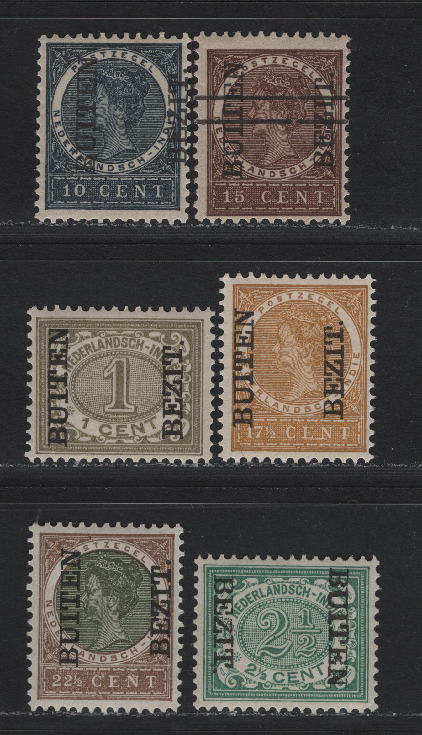 Lot 203 Netherlands Indies SC#64, 70, 72-73, 66a, 75 1c - 22.5c Olive Green - Brown & Olive Green , 1908 Buiten Bezit Overprints, 6 F/VFNH Singles, Overprints Reading Up & Down