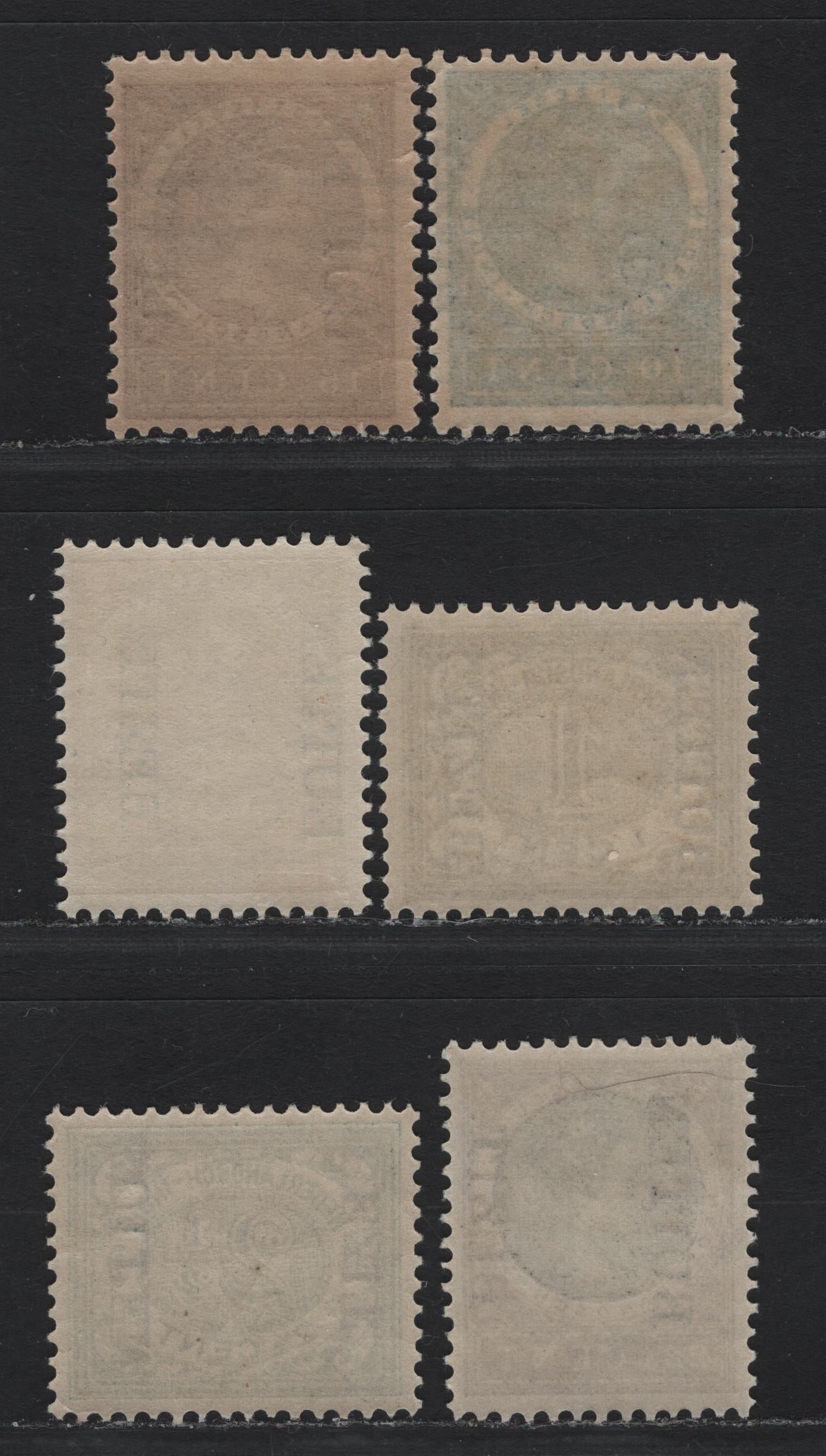 Lot 203 Netherlands Indies SC#64, 70, 72-73, 66a, 75 1c - 22.5c Olive Green - Brown & Olive Green , 1908 Buiten Bezit Overprints, 6 F/VFNH Singles, Overprints Reading Up & Down