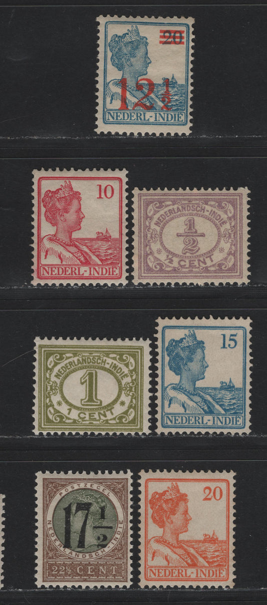 Lot 206 Netherlands Indies SC#101-102, 117, 120, 124, 139, 158 1/2c - 12.5c Light Violet - Blue , 1912-1940 Numerals & Queen Wilhelmina - Surcharge Issues, 7 F/VFNH Singles