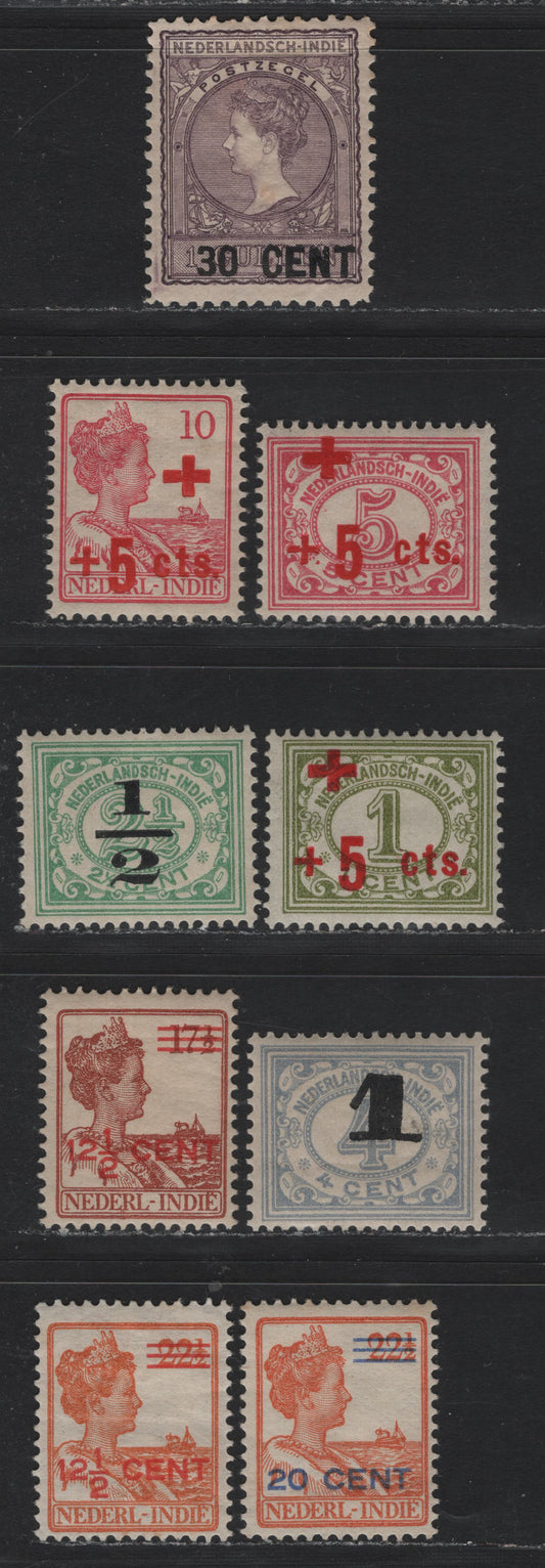 Lot 209 Netherlands Indies SC#B1-B3, 140a, 144-146, 137-138 1/2c on 2.5c - 10c+5c Green - Rose , 1915-1918 Red Cross Semi Postal - Surcharged Issues, 8 F/VFOG Singles