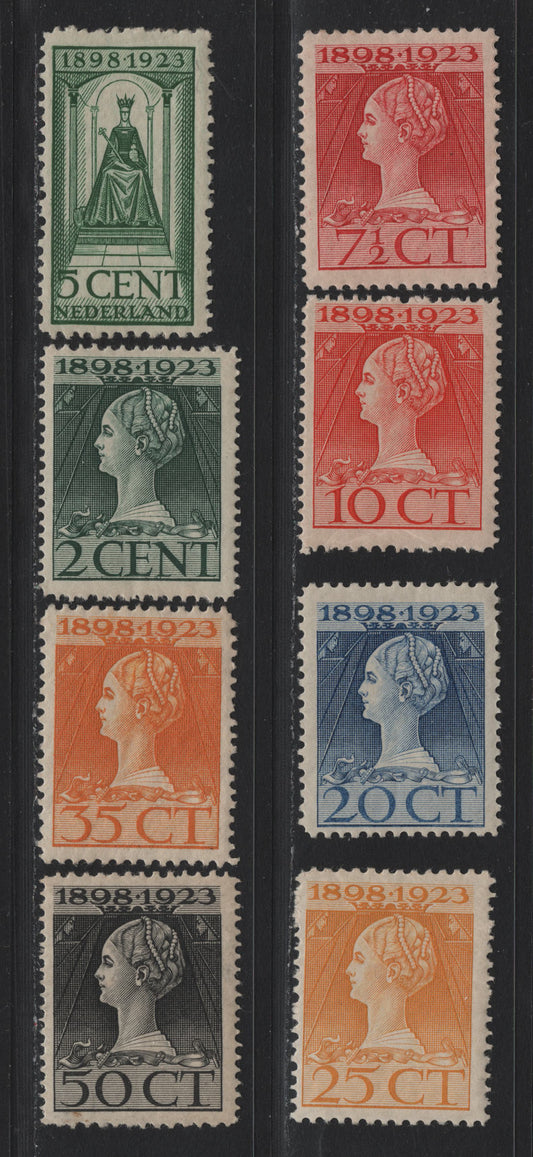 Lot 21 Netherlands Michel#123h, 124f, 125c, 126h, 127a, 128f, 129f, 130d (SC# 124-131) 2c - 50c Myrle Green - Black , 1923 Silver Jubilee Of Queen Wilhelmina's Accession Issue, 8 F/VFOG Singles, Various Perfs